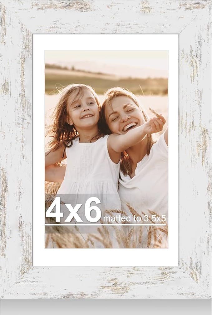 4x6 Picture Frame with Glass, Display Pictures 3.5x5 with Mat or 4 x 6 without Mat - Wall and Tabletop, 4 by 6 Photo Wooden Frames (Distressed White, 1 Pack)
