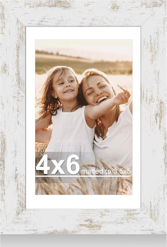 4x6 Picture Frame with Glass, Display Pictures 3.5x5 with Mat or 4 x 6 without Mat - Wall and Tabletop, 4 by 6 Photo Wooden Frames (Distressed White, 1 Pack)