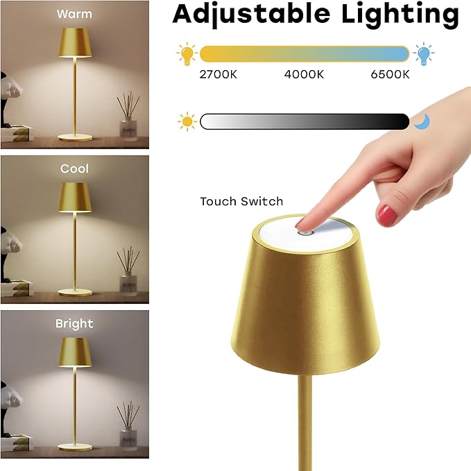 2 Pack Cordless Table Lamp,Portable LED Desk Lamp, 5200mAh Battery Operated, 3 Color Stepless Dimming Up, for Restaurant, Bedroom, Bars, Outdoor Party, Camping, Coffee Shop Night Light Gold