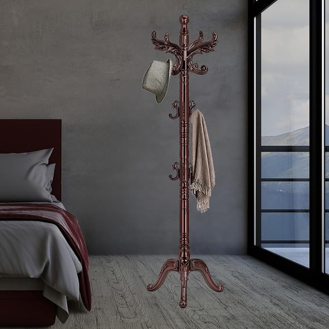 Wooden Coat Rack Stand Sturdy Triangle Base, Natural Birch Wood Coat Racks Freestanding, Vintage Solid Wood Coat Tree Stand with 14 Hooks, Classic Sturdy Coat Racks Hall Tree for Entryway, Office