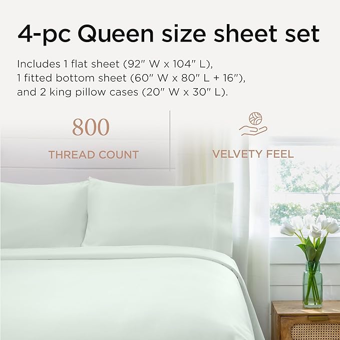 Threadmill Queen Sheet Set | 800 Thread Count Queen Bed Sheets for Queen Mattress with 16” Deep Pocket | Sateen Weave, Better Than Egyptian Cotton, 4-Piece Bedding Set with Cooling Effect | Seaglass