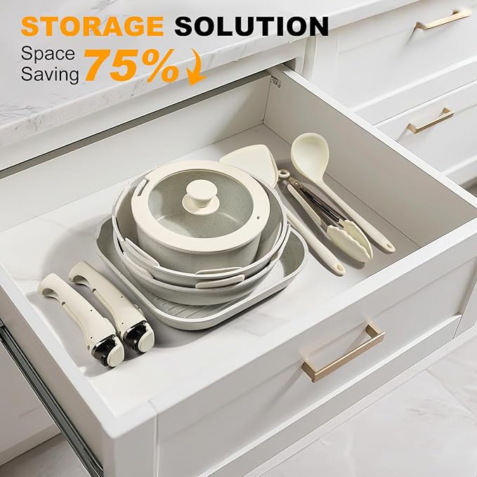 20 Pcs Ceramic Cookware Set Non Stick Frying Pots and Pans Set Non Toixc Cookware-PFAS/PFOA/PTFE Free, with Removable Handle for RV Kitchen, Induction & Dishwasher Safe Cream White