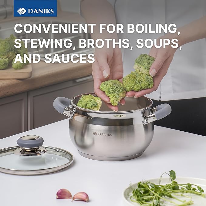 Daniks Modern Stainless Steel Stock Pot with Glass Lid – Induction 3 Quart, Dishwasher Safe, Heatproof Handles, For Soup, Pasta, Stew, Silver