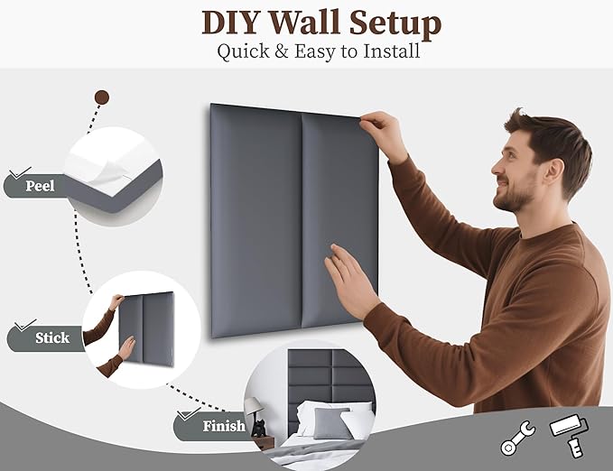 Leather Black Peel and Stick Headboard Queen Size, 12PCS Upholstered Wall Mounted Bed Panels, Tufted Headboard for Adjustable Bed and Bedroom Wall Decor, 10"x24" Each, Leather - Black