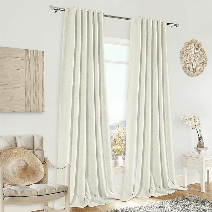 Cream Linen 100% Blackout Curtains 144 Inch Length for Living Room Bedroom Rod Pockets/Back Tab Thermal Insulated Linen Drapes 2 Panels Set Room Darkening Window Curtains 12 FT Long Ivory Natural