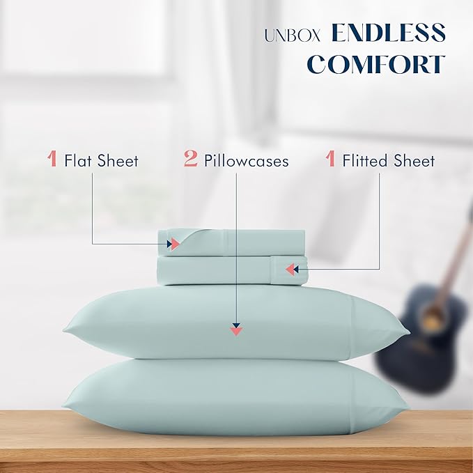 XOOX Linen Cotton Sheets Queen Size Set - 100% Cotton 500 Thread Count Queen Sheet Set (4 PC, Sea Foam), Soft, Cooling, Sateen Weave, Luxury Hotel Quality Deep Pocket Bed Sheet for Hot Sleepers