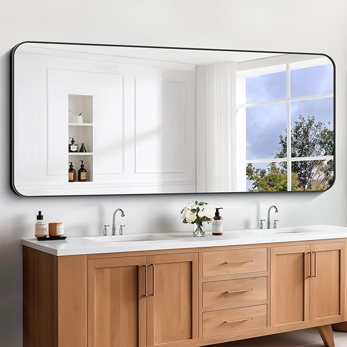 Large Bathroom Mirror, 72x30 inch Black Rectangle Mirror, Metal Frame Rectangular Vanity Mirror, Wall Mounted Mirror with Rounded Corner for Bedroom Living Room Hangs Horizontal Or Vertical