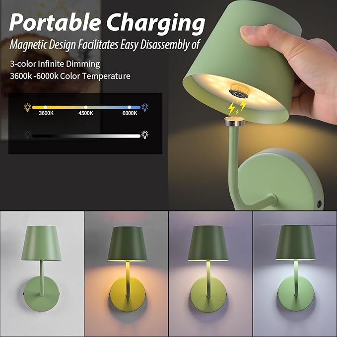 LED Wireless Wall Lamp Set of 2, with 5600mAh Rechargeable Battery Powered Wall Sconces, Touch for Remote Control Infinite Dimming Be Used for Bedroom Mirror Living Room Wall Painting(Green)