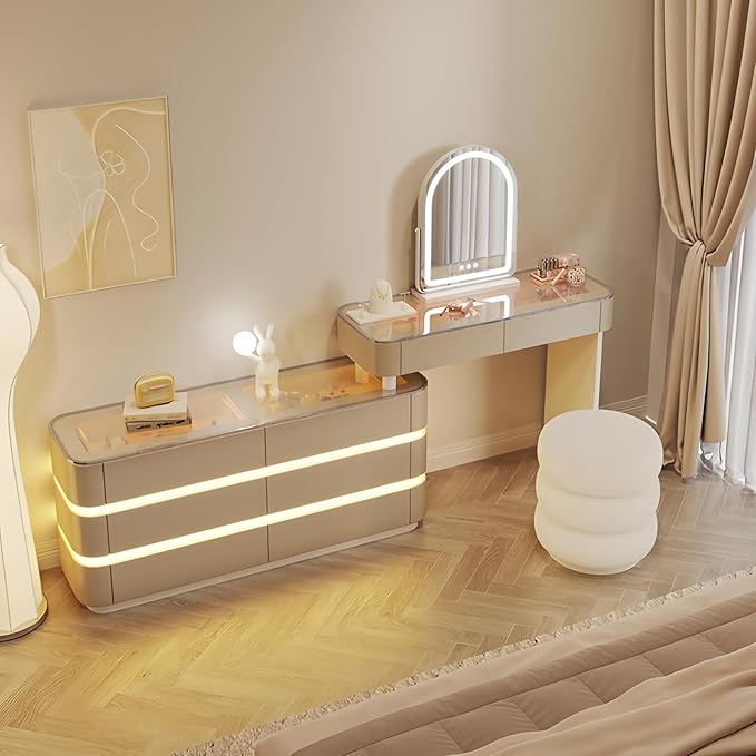 Vanity Set - Solid Wood Vanities Desk with LED Smart Mirror and Drawers, Modern Vanity Table with Glass Countertop and Makeup Stool, Vanities for Bedroom, Gifts for Her (Khaki)