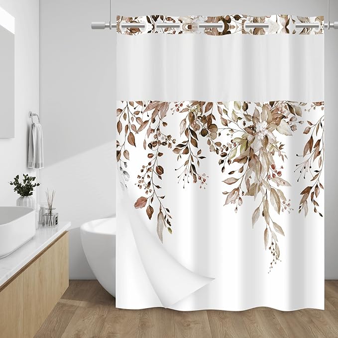 No Hook Shower Curtain with Snap in Liner - Eucalyptus Shower Curtain - Washable Waterproof Inner Liner, Plants Taupe Leaves Modern Shower Curtains - Machine Washable, 71 x 74
