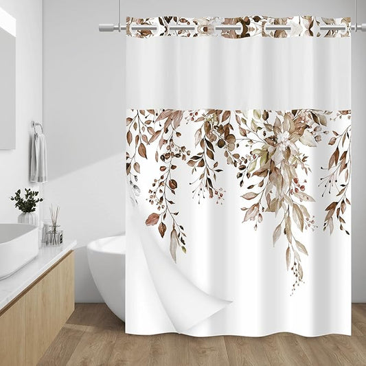 No Hook Shower Curtain with Snap in Liner - Eucalyptus Shower Curtain - Washable Waterproof Inner Liner, Plants Taupe Leaves Modern Shower Curtains - Machine Washable, 71 x 74