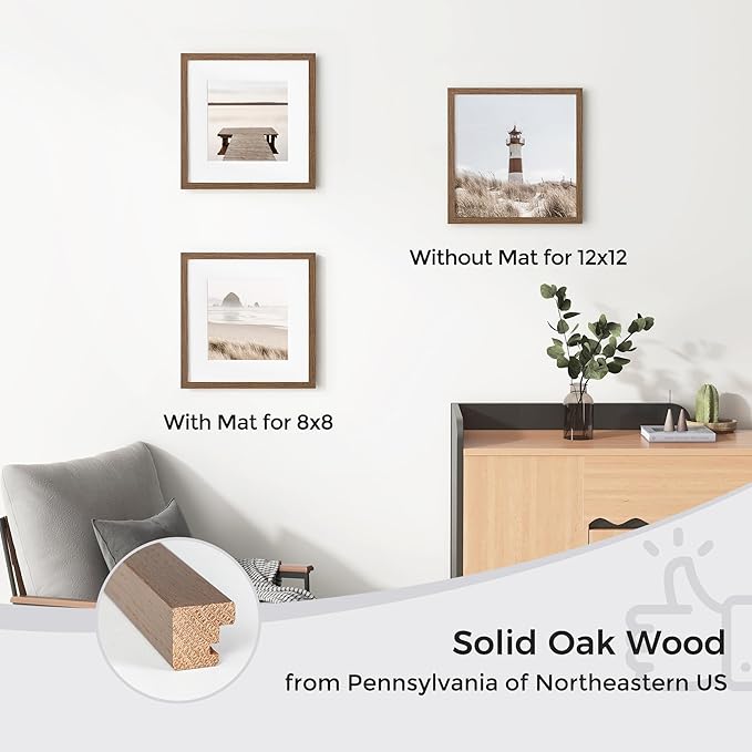 Axeman 12x12 Picture Frame with Mat for 8x8, Solid Oak Wood Square Picture Frame with Tempered Glass, Natural Wooden 12x12 inch Photo Frame for Wall Home Decor Art Photo and Prints, Walnut