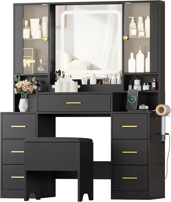 Black Makeup Vanity Desk with Mirror & Lights, Modern Vanity Table with Charging Station, 7 Drawers, Glass Cabinet, Shelves & Cushioned Stool, Bedroom Dressing Table Set for Women & Girls