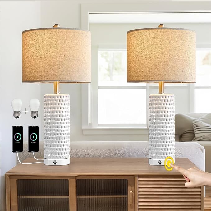 PORTRES 24" Farmhouse 3-Way Dimmable Touch Ceramic Table Lamp Set of 2 for Bedroom White Bedside Lamps with USB A+C Charging Ports for Living Room Nightstand Lamp End Table Lamps