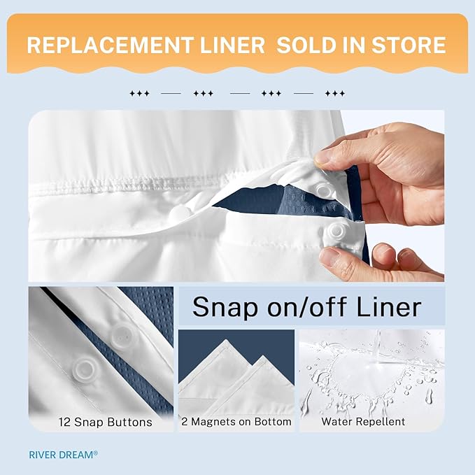 River Dream Blue Shower Curtain No Hooks Required Dotted Waffle Weave Shower Curtain with Snap in Liner - 71W x 74H,Hotel Grade,Spa Like Bath Curtain,Moonlight Blue