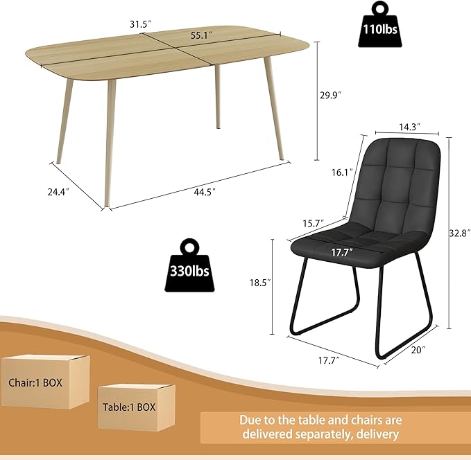 47.2" Modern Dining Table Set for 4, Wood Table with 4 Black Leather Chairs, Stylish Kitchen & Dining Room Furniture, Space-Saving Table and Chairs Set