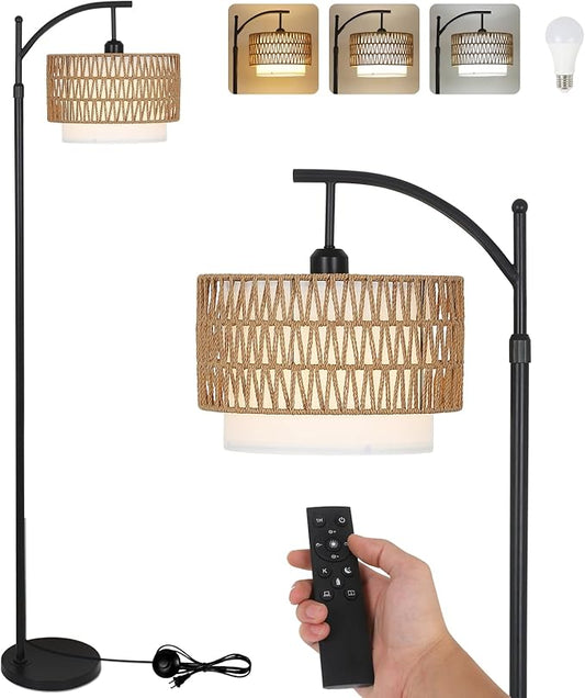 Arc Floor Lamp for Living Room with 3 Color Temperatures, Farmhouse Floor Lamps with Remote & Dimmable Bulb, Boho Standing Lamp with Rattan & Fabric Shades, Adjustable Tall Lamp for Bedroom, Office