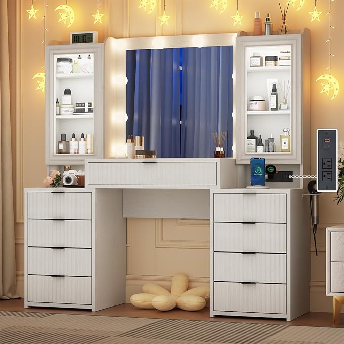 55" Fluted Makeup Vanity Desk with Large Mirror and Lights, Modern Glass Top Big Vanity Table with 9 Drawers & Open Storage Shelves, Dressing Table w/Charging Station for Bedroom, White
