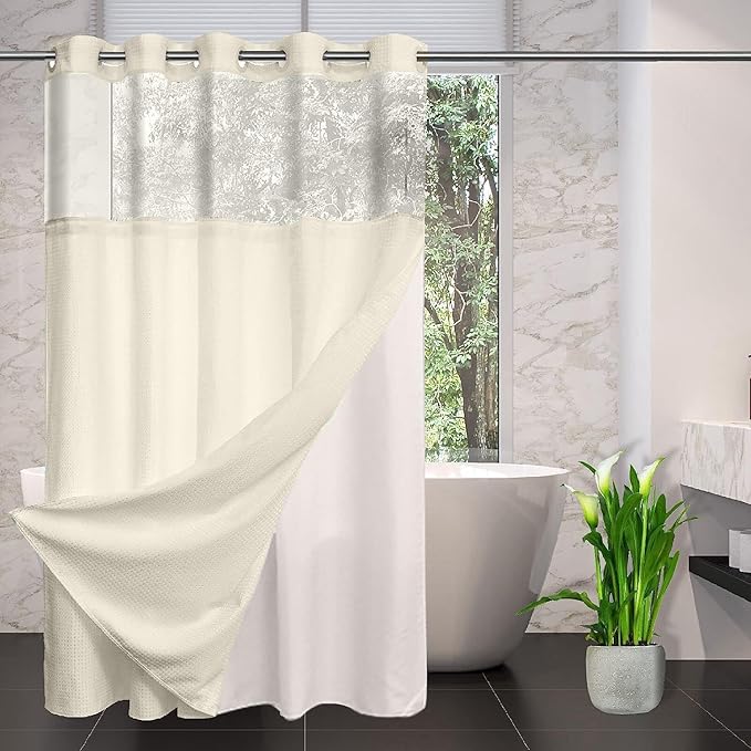 No Hooks Required Waffle Weave Shower Curtain with Snap in Liner-Hotel Grade Waterproof & Mesh Top Window Spa Like Bath Curtain Machine Washable Heavy Duty 71Wx74L(Beige)