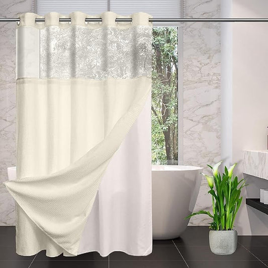 No Hooks Required Waffle Weave Shower Curtain with Snap in Liner-Hotel Grade Waterproof & Mesh Top Window Spa Like Bath Curtain Machine Washable Heavy Duty 71Wx74L(Beige)