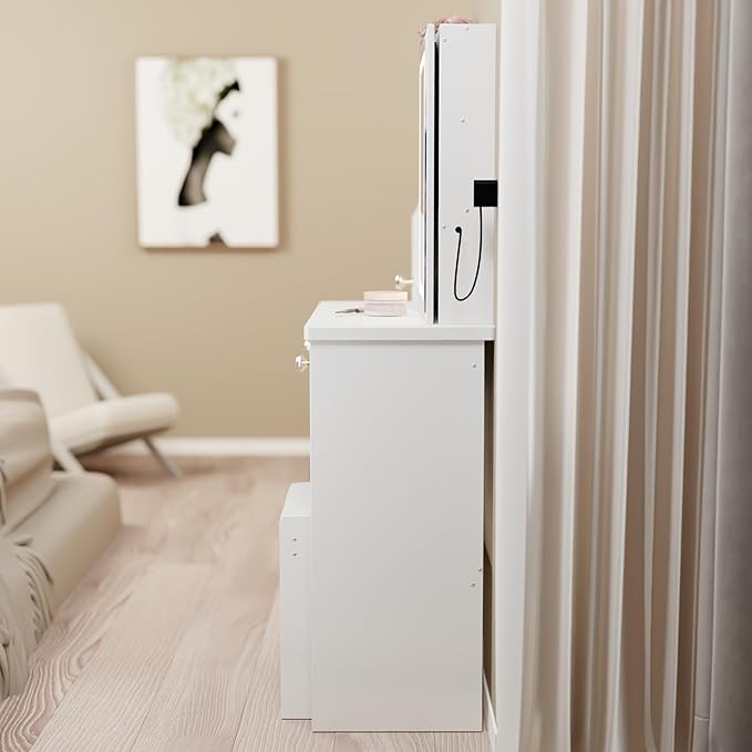 29.2" Small Vanity Desk with Mirror and Lights, Makeup Table with Led Lights and Sliding Mirror, 3 Lighting Colors, Vanity Set with 5 Drawers and Stool for Small Space Bedroom, White