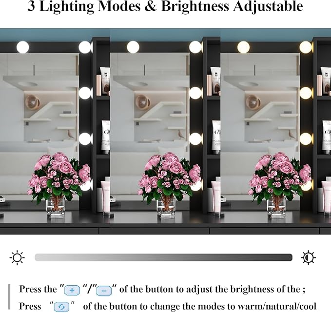 Loomie Vanity Desk with Lighted Mirror & Power Outlet, Makeup Vanity Table with 6 Drawers, 3-Tier Shelf, Vanity Dresser with 10 Lights in 3 Lighting Colors for Bathroom, Bedroom,Makeup Room, Black
