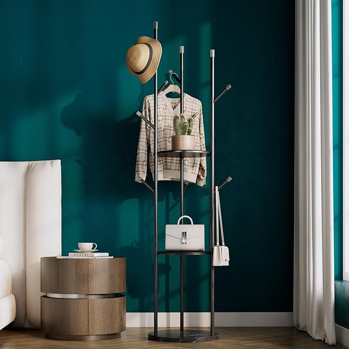 metal Coat Rack whit Marble base,heavy duty coat hanger Stand, Freestanding Coat Racks with 3 Shelves and 9 Hooks,Coat Tree for Entryway, Bedroom, Coats, Bags,purse,Sturdy and Easy to Assemble
