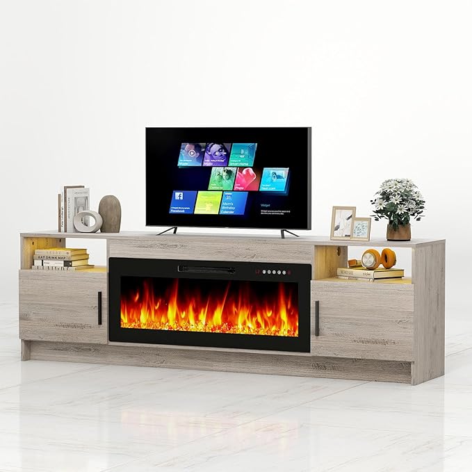 Ludatido 70 Inch TV Stand with 36 inch Electric Fireplace 27 LED Light Entertainment Center for TVs Up to 80" Black Modern Wood Media TV Console with Highlight Cabinet for Living Room Gray