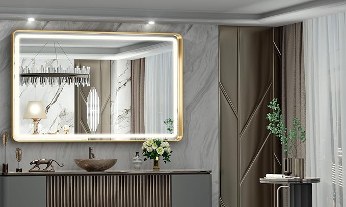 Hasipu LED Bathroom Mirror with Lights 40 x 26 Inch, Gold Metal Frame Light Mirror for Vanity Anti-Fog, Dimmable, 3 Colors (Horizontal/Vertical)