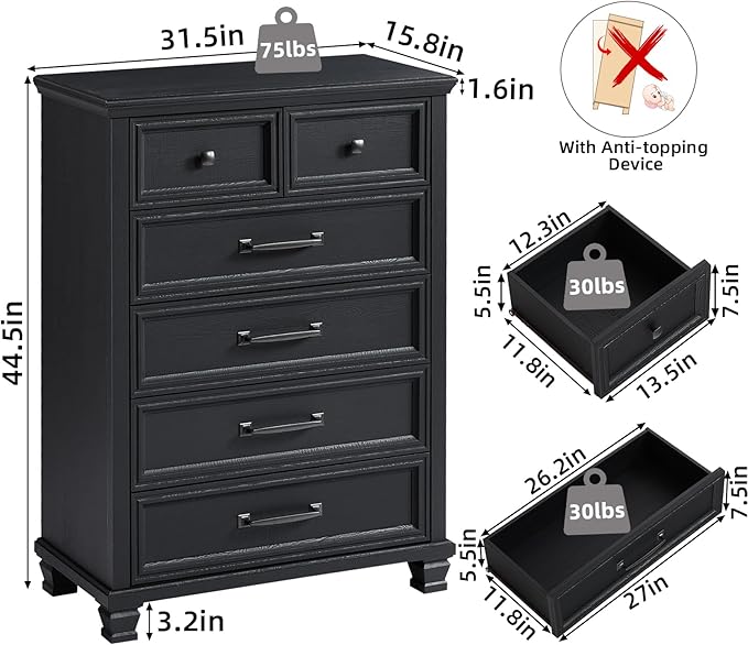 Farmhouse 6 Drawer Dresser for Bedroom, 45 Inch Tall Vintage Wood Chest of Drawers, Rustic Dressers w/Square Wooden Legs, Mid-Century Storage Organizer for Living Room, Hallway, Black