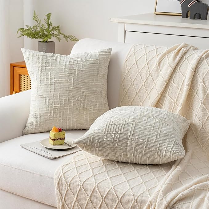 Decorative Throw Pillow Covers 16x16 Inch Set of 2, Thick Solid Farmhouse Chenille Couch Pillows, Spring Pillow Covers for Couch Sofa Bed Living Room Home Decor Pillowcase,White