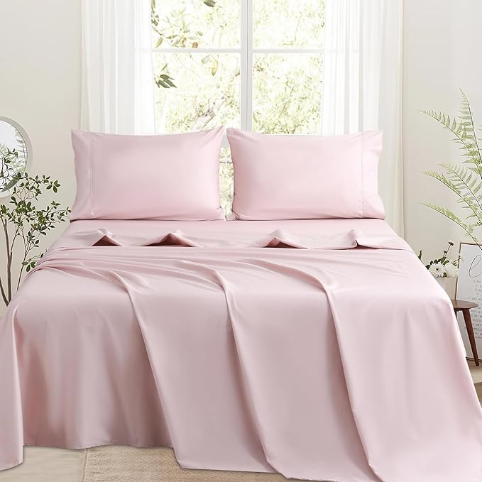 Bedlifes 1000 Thread Count 100% Egyptian Cotton California King Size Sheets Set - Sateen Soft Silky Breathable Luxury Cooling 4 Pieces (Light Pink)