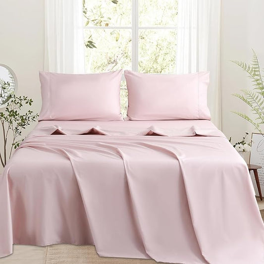 Bedlifes 1000 Thread Count 100% Egyptian Cotton California King Size Sheets Set - Sateen Soft Silky Breathable Luxury Cooling 4 Pieces (Light Pink)