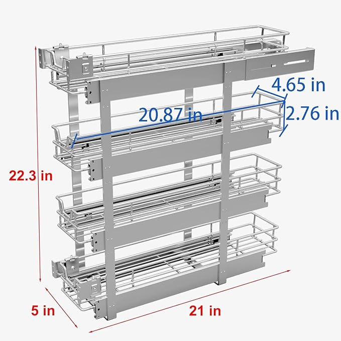 4-Tier 5" W x 21" D Narrow Pull Out Cabinet Organizer, Roll out Spice Rack Holder Shelve, Slide Out Slim Storage Wire Baskets for Storage Organization
