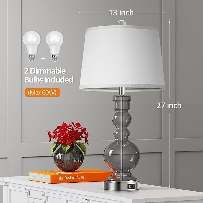 Hamucd 3-Way Dimmable Touch Control Clear Grey Glass Table Lamps Set of 2 with USB A+C for Modern Comtemporary Bedroom Nightstand Living Room Decor(Bulbs Included) (Grey)