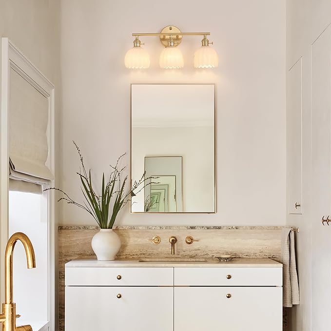 Bathroom Light Fixtures, 3-Light Brass Vanity Wall Light Over Mirror with White Tulip Glass Shade for Bedroom Living Room