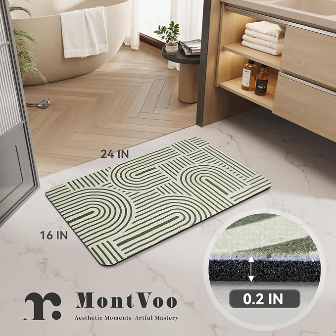 MontVoo -Bath Mat-Non Slip Thin Bathroom Rugs Fit Under Door- Quick Dry Absorbent Faux Suede Surface Grey Bathroom Floor Mats-Shower Rug for in Front of Bathtub Shower Ivory & Green Arched 16x24