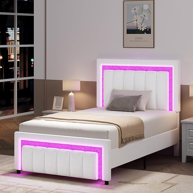 HOMBCK Twin Bed Frame with LED Lights and Velvet Upholstered Headboard, Bed Frame Twin Size with Modern Diamond Headboard Adjustable, Wooden Slats Support, Noise Free, No Box Spring Needed, White