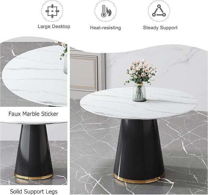 45 Inch Round Dining Table Set for 4, 5 Piece Kitchen Table and Chairs Set, White Faux Marble Table Top, Small Space Dining Set for Apartment or Dining Room