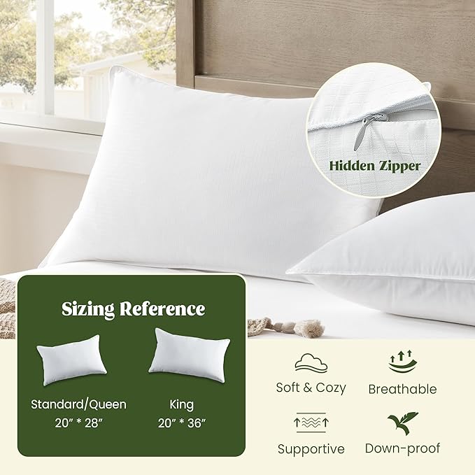 puredown® Goose Feather Down Pillows, Bed Pillows for Sleeping with 2 Outer Protectors, Hotel Standard/Queen Pillows Set of 2 (Pack of 2)