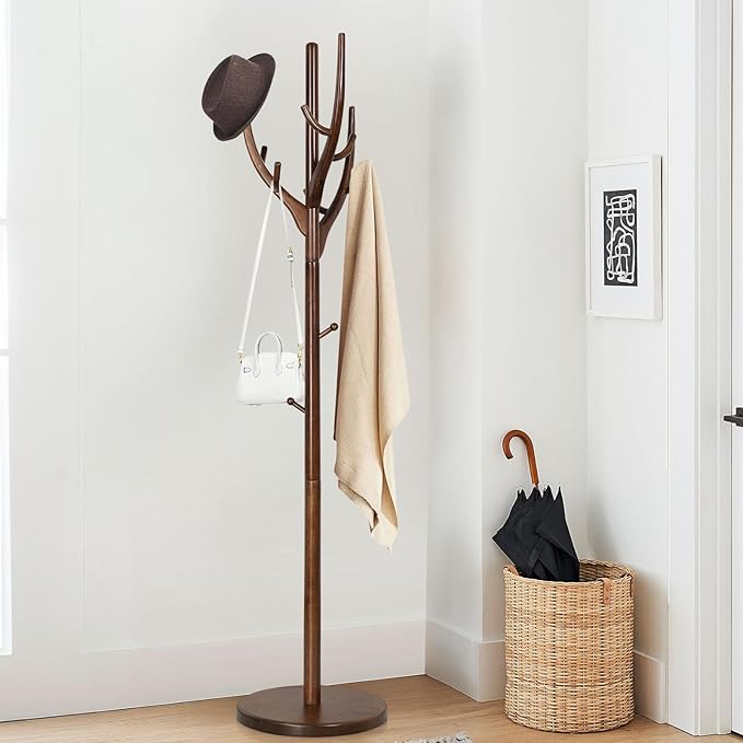 Wood Coat Rack, Coat Tree Freestanding Wooden Coat Rack Stand with 12 Hooks, Heavy Duty Hall Tree Coat Hat Stand with Sturdy Base, Free Standing Coat Racks for Entryway, Bedroom, Brown