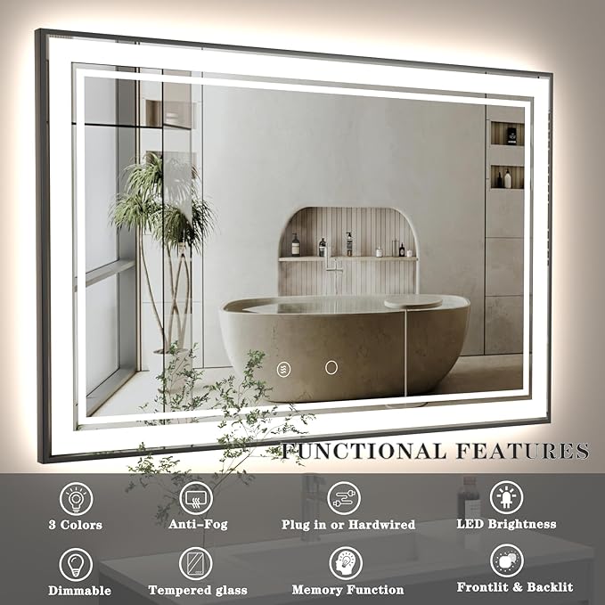 55" x 36" LED Bathroom Mirror with Lights Framed LED Mirror for Bathroom Backlit and Front Lighted Bathroom Mirror Black Square Aluminum Frame Anti-Fog Dimmable Adjustable Shatter-Proof