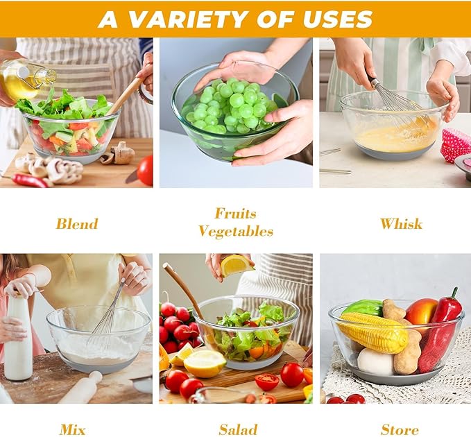 Glass Mixing Bowls HEAVY DUTY Top Choice for High-end Kitchens Extra-thick Glass Mixing Bowl Set of 3 with BPA-Free Airtight Lids Large Nesting Bowls with Non-Slip Silicone Base Well-made