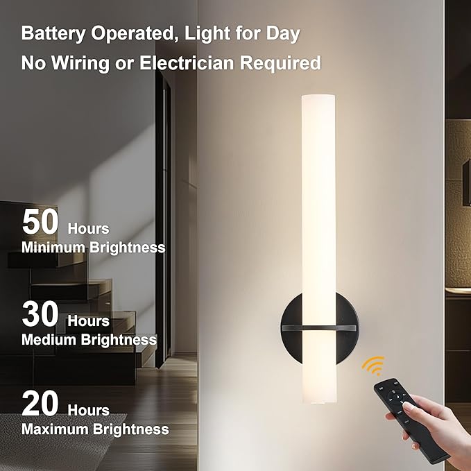 Black Battery Operated Wall Sconce Set of 2,Rechargeable Wireless Wall Lights with Remote Control,Dimmable,3000K-6000K,360° Rotation, Cordless Wall Lighting for Living Room,Bedroom,Stairway,18 Inch