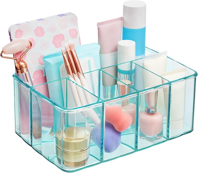 STORi 5-Compartment Plastic Organizer, Ocean Mist, Rectangular Divided Makeup and Vanity Storage Bin and Office Desk Caddy, Scalloped Wall Design, Made in USA
