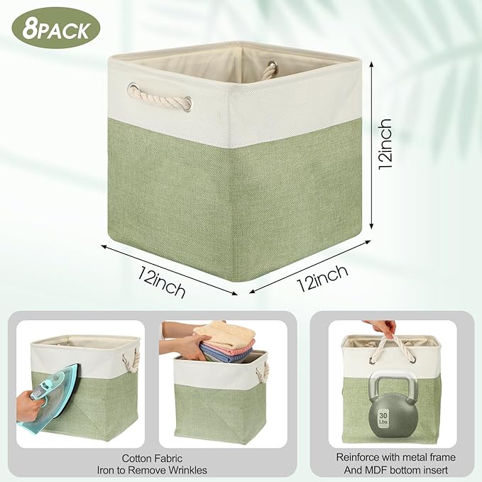 meekoo 8 Pack Collapsible Storage Bins Fabric Storage Bins Polyester Fabric Baskets with Handles Linen Closet Organizer for Shelf Home Closet Towels Toys(12 x 12 x 12 in,Green White)