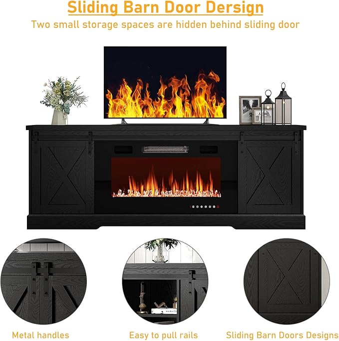 Farmhouse Fireplace TV Stand for 70/75/80 Inch TV, 70 inch Entertainment Center Storage Cabinets with 36”Electric Fireplace and Sliding Barn Doors, Media Console Cabinet for Living Room, Black