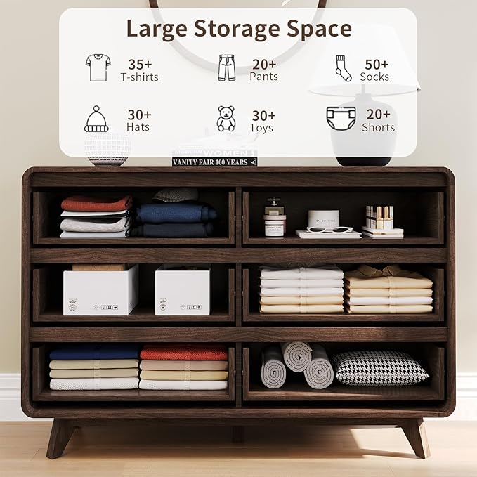 Fluted Dresser for Bedroom, Wide 6 Drawers Dresser, Chests of Drawers with Grille & Curved Design, Dressers Slides Pre-Installed, Large Wood Drawer Organizer for Bedroom Hallway, Dark Walnut