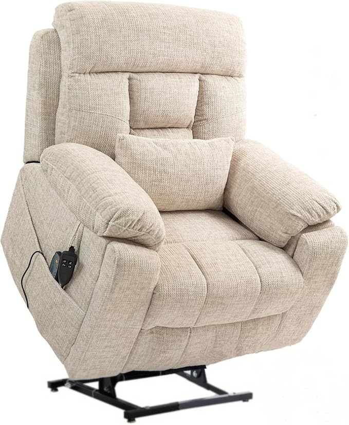 Large Power Lift Recliner Chair with Massage and Heat for Elderly, 26in Extra Wide Recliner Chair with Cup Holder Support Big and Tall People, 400lbs Capacity Adults (Cream Chenille)