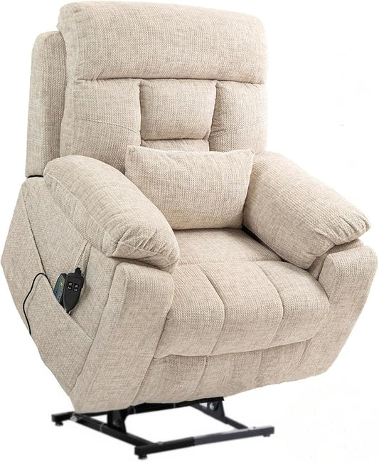 Large Power Lift Recliner Chair with Massage and Heat for Elderly, 26in Extra Wide Recliner Chair with Cup Holder Support Big and Tall People, 400lbs Capacity Adults (Cream Chenille)